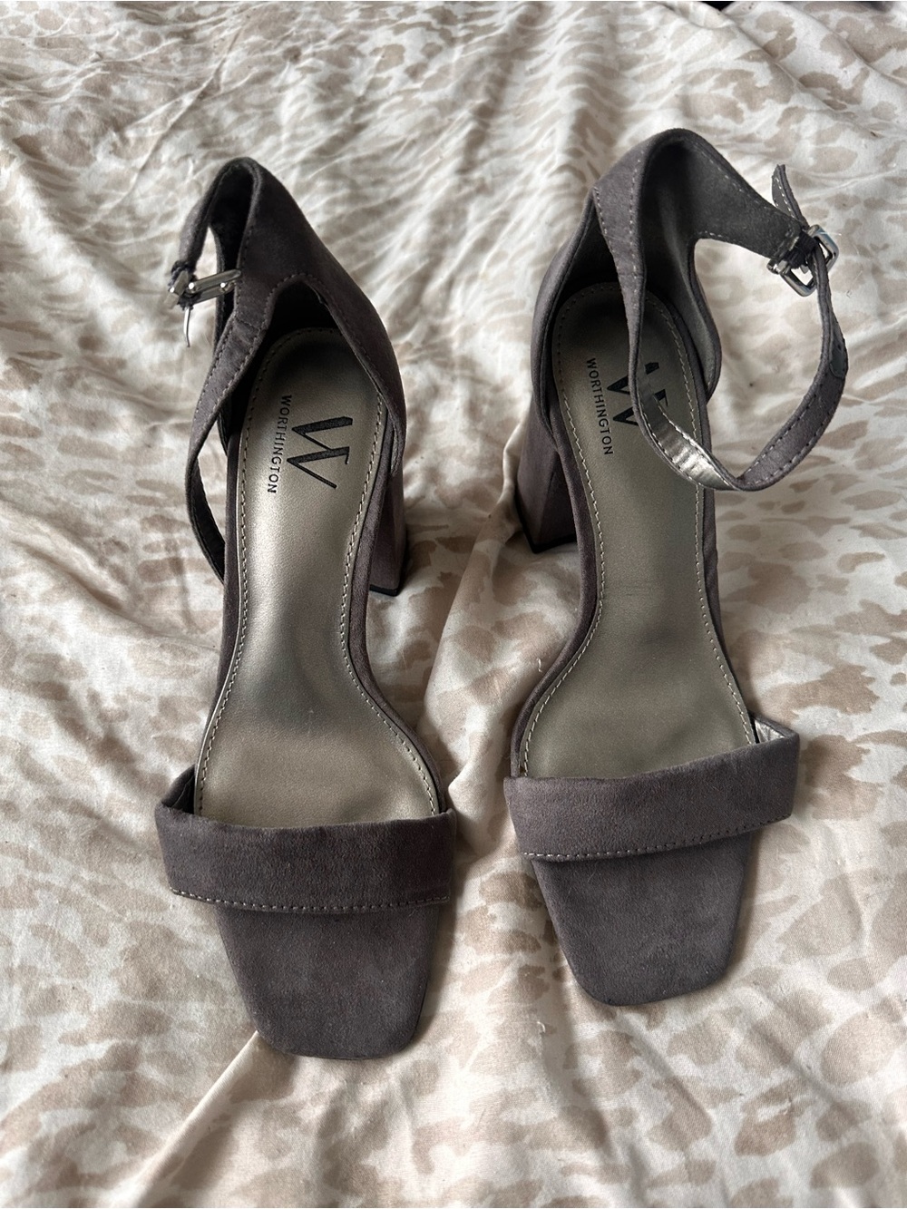 Worthington Taupe Suede Block Heel Sandals with Ankle Strap